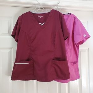 2 Butter Soft Burgundy & Fuschia Pink Scrub Tops